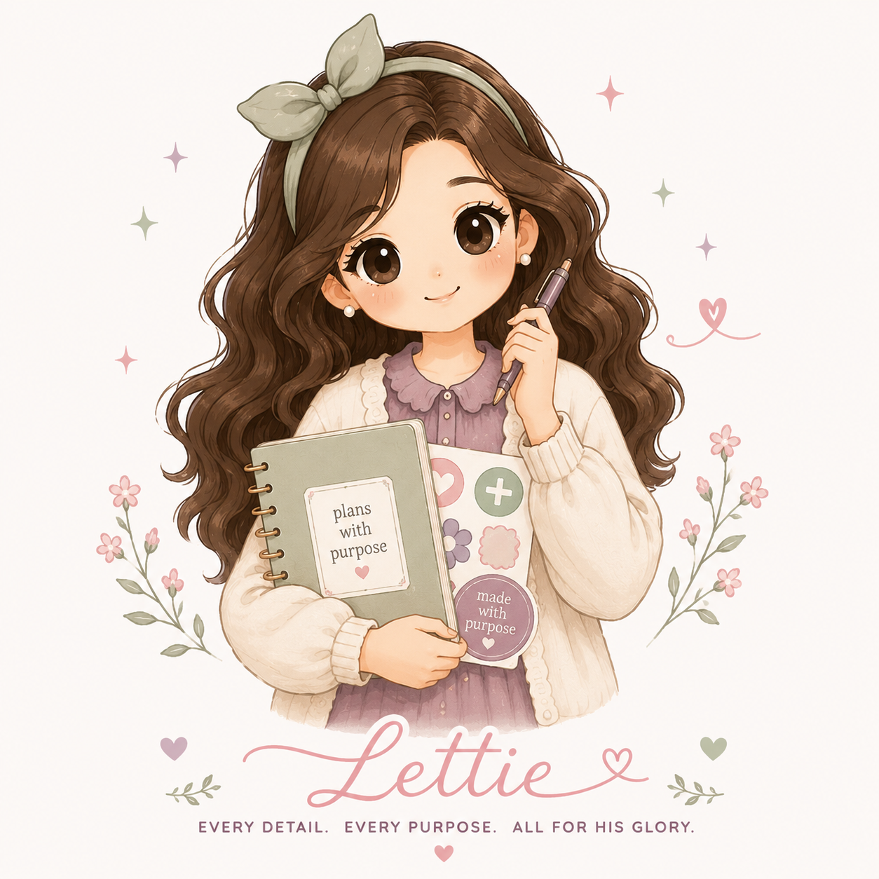 Lettie at her studio desk with a planner, pens and stationery