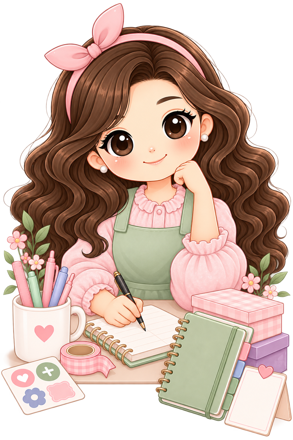 Lettie, the Printed Palette mascot, planning at her studio desk surrounded by stationery